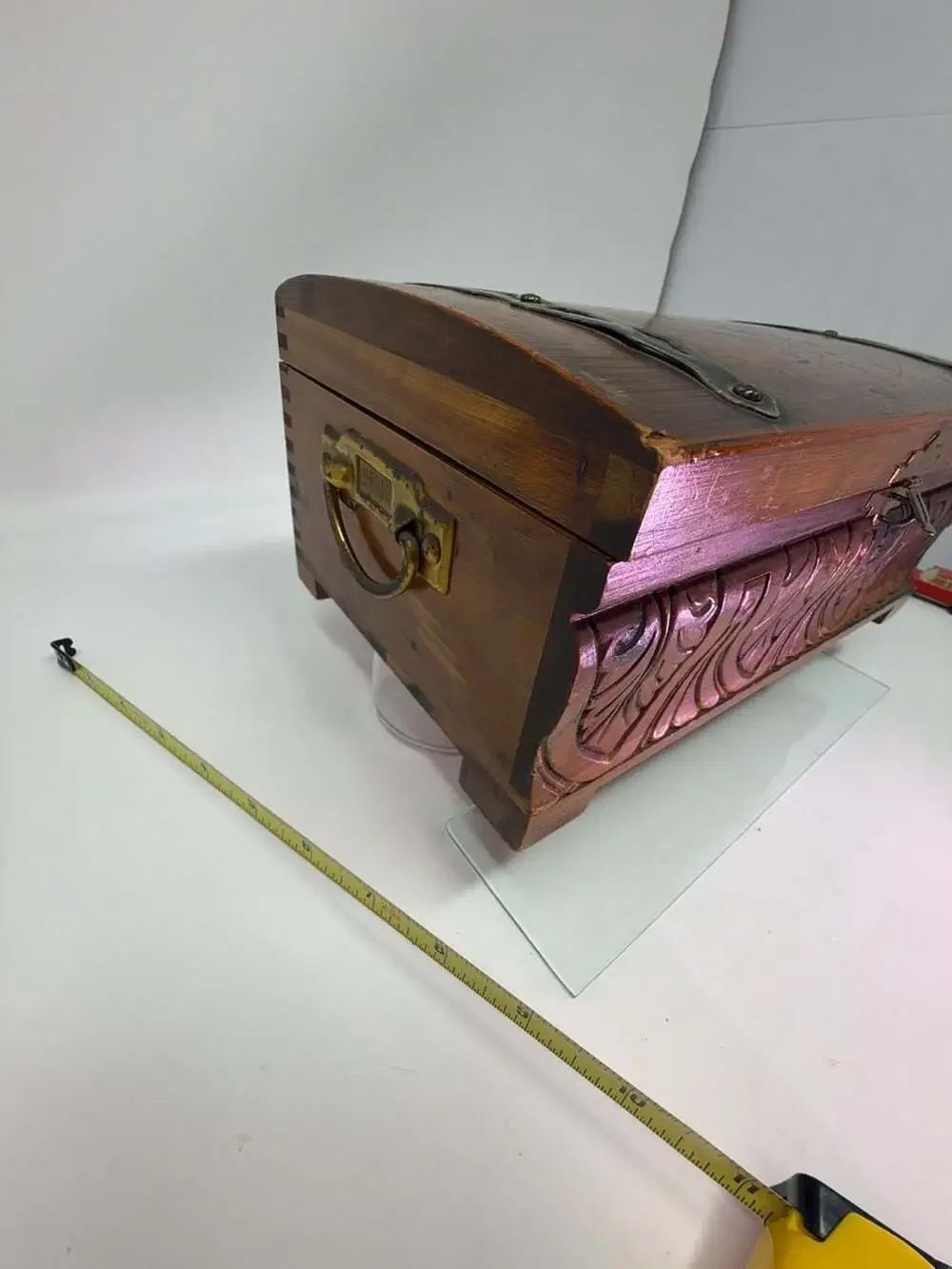Vintage Hand Carved Wooden Jewelry Box With Metal Straps And Latch